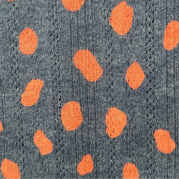 LUCKY BRAND Navy w/ Orange Polkadots Knit Blouse w/ Puff Sleeves Women’s Size L - Picture 8 of 11